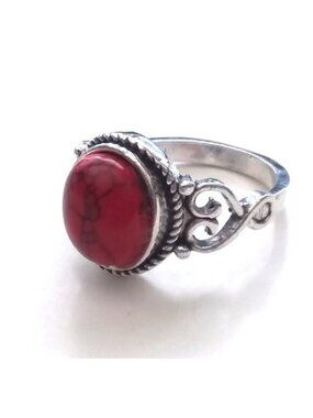 Ring Turquoise Red Inlaid Silver Sz 9 Boho Native Stone Trendy Stlish Southwest